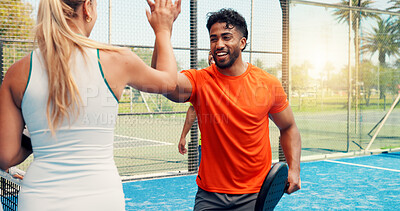 Buy stock photo Sport, padel and team with high five on court for competition match, game winner and sportsmanship. Tennis players, happy people and celebration at fitness club for friendly tournament and practice