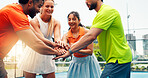Fitness, stack of hands and people on court for padel, workout or training together for match. Happy, friends and group of athletes with teamwork for exercise, sports or practice for game outdoor.