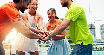 Buy stock photo Fitness, stack of hands and people on tennis court for workout or training together for match. Huddle, friends and athletes with teamwork for padel exercise, sports or practice for game outdoor.
