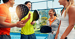 Padel, team and laugh with talking on court for sports break, tournament joke and practice session. People, tennis friends or conversation at fitness club with match advice, funny discussion or flare