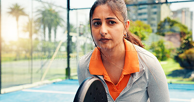 Buy stock photo Padel, serious and fitness with woman on court for sports athlete, contest and tournament club. Training, competition and tennis player or person on outdoor turf for exercise, game or match challenge