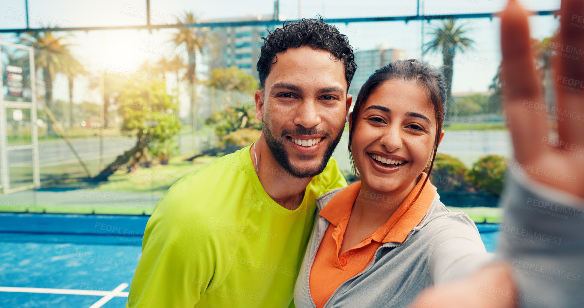 Buy stock photo Portrait, athlete and couple with selfie on padel court for photography, fitness and match practice. Smile, people and love with social media post, tennis training and capture memory for competition
