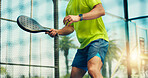 Padel court, hands and man for fitness, training and outdoor performance. Tennis, cardio game and workout or club competition with person in match for athlete, exercise and low angle of tournament