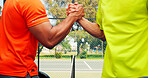 People, handshake and padel with court for game start, match or beginning outdoor competition. Closeup, men or athletic players shaking hands for sport tournament, challenge or training on turf