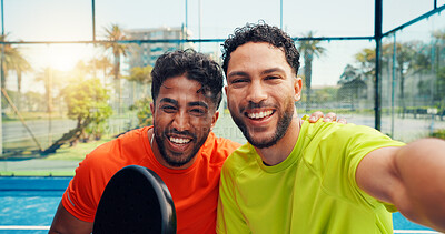 Buy stock photo Portrait, athlete and men with selfie on padel court for photography, fitness and match practice. Smile, POV and friends with social media post, tennis training and capture memory for competition