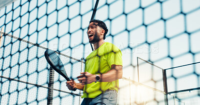 Buy stock photo Padel, winner and fitness with excited with man on court for sports athlete, success and tournament club. Target, competition and tennis player or person at net for exercise, game and low angle