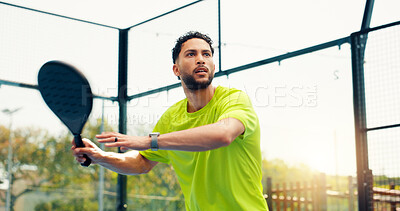 Buy stock photo Padel, hit and sports with man on court for fitness athlete, contest and tournament club. Training, competition and tennis player or person on outdoor turf for exercise, game and match challenge