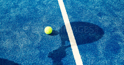 Buy stock photo Fitness, top view or ball on tennis court with shadow, competition or match in seasonal training. Padel tournament, turf or equipment outdoor for practice, contest or sport challenge in summer action