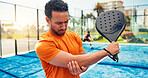 Tennis elbow, racket and man on court with sports injury, outdoor game and sprain for inflammation. Padel bat, muscle tension and athlete with joint pain from training accident, tendinitis and strain