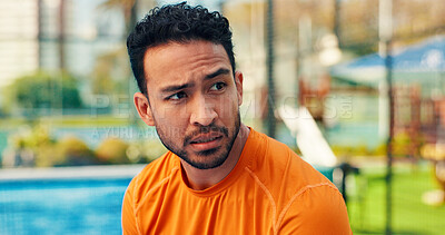 Buy stock photo Man, break and thinking at tennis court, sports and tired with breathing, reflection or training outdoor. Person, athlete and rest for perspective, fatigue and exercise with burnout at fitness club