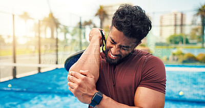 Buy stock photo Joint pain, racket or man on padel court with sports injury, outdoor workout or sprain for inflammation. Tennis, muscle tension or athlete with elbow strain from practice game, tendinitis or accident