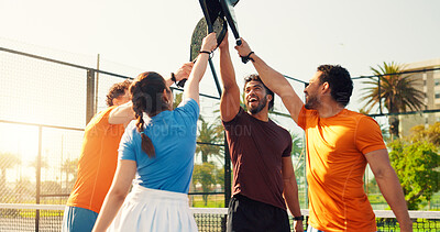 Buy stock photo Padel, happy and friends on court high five for training, practice and start exercise for challenge. Sports, teamwork and men with women celebrate for game, tennis match and competition outdoor