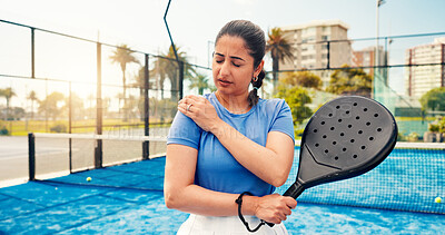 Buy stock photo Athlete, woman and shoulder pain on padel court from fitness, match accident and muscle sprain. Person, discomfort and joint strain of exercise mistake, inflammation and tennis injury from tournament