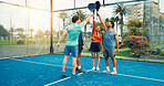 Huddle, team and padel racket with people on court for support, tournament mission and fitness. Tennis player, training and motivation with friends, partner and target for competition and solidarity