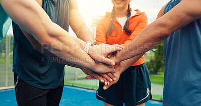 Buy stock photo Fitness, teamwork and hand stack with people on court for support, tournament mission and huddle. Tennis player, training and motivation with friends, partner and competition event for solidarity