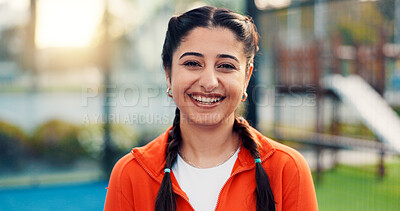 Buy stock photo Happy, sports and portrait of woman on court for game, tournament and competition outdoor. Tennis, athlete and person with smile for training, exercise and workout for challenge, practice and fitness
