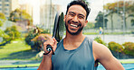 Padel, man and laughing with racket on court for funny practice, match training and tournament. Sport athlete, tennis player and happy with portrait at health club for competition exercise or workout