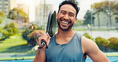 Buy stock photo Padel, man and laughing with racket on court for funny practice, match training and tournament. Sport athlete, tennis player and happy with portrait at health club for competition exercise or workout