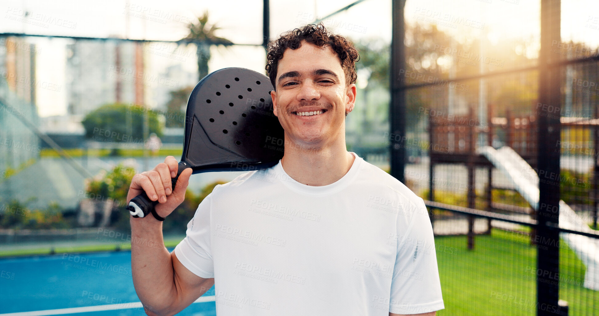 Buy stock photo Padel, fitness and portrait of man on court for competition, sports athlete and tournament training. Games, tennis player and challenge with male person on outdoor turf for exercise and workout