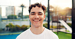 Fitness, portrait and man on tennis court with happiness, player and performance goal in exercise hobby. Padel, smile or athlete outdoor with confidence, challenge or health for body transformation.
