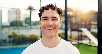 Buy stock photo Fitness, portrait and man on tennis court with happiness, player and performance goal in exercise hobby. Padel, smile or athlete outdoor with confidence, challenge or health for body transformation.