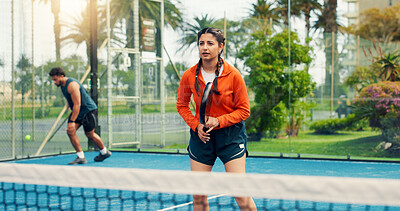 Buy stock photo Woman, padel or waiting for serve on court with sports game, competition practice or fitness development. Agile, person or athlete outdoor with racket for tennis workout, tournament training or ready