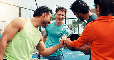 Buy stock photo People, team and fist bump for padel, sports and excited for celebration, success or challenge for game. Men, woman and happy for support, training or achievement with contest on tennis court at club