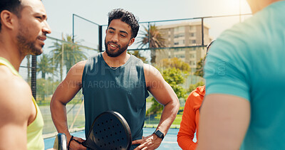 Buy stock photo Smile, teamwork and padel racket with people on court for support, tournament and fitness. Tennis player, training and bonding with friends, partner and challenge for competition and sport workout