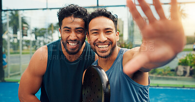 Buy stock photo Fitness, POV or men in tennis court with selfie, friends or digital memory of padel game. Smile, portrait or team outdoor with bat, training support or moment capture for social media update.