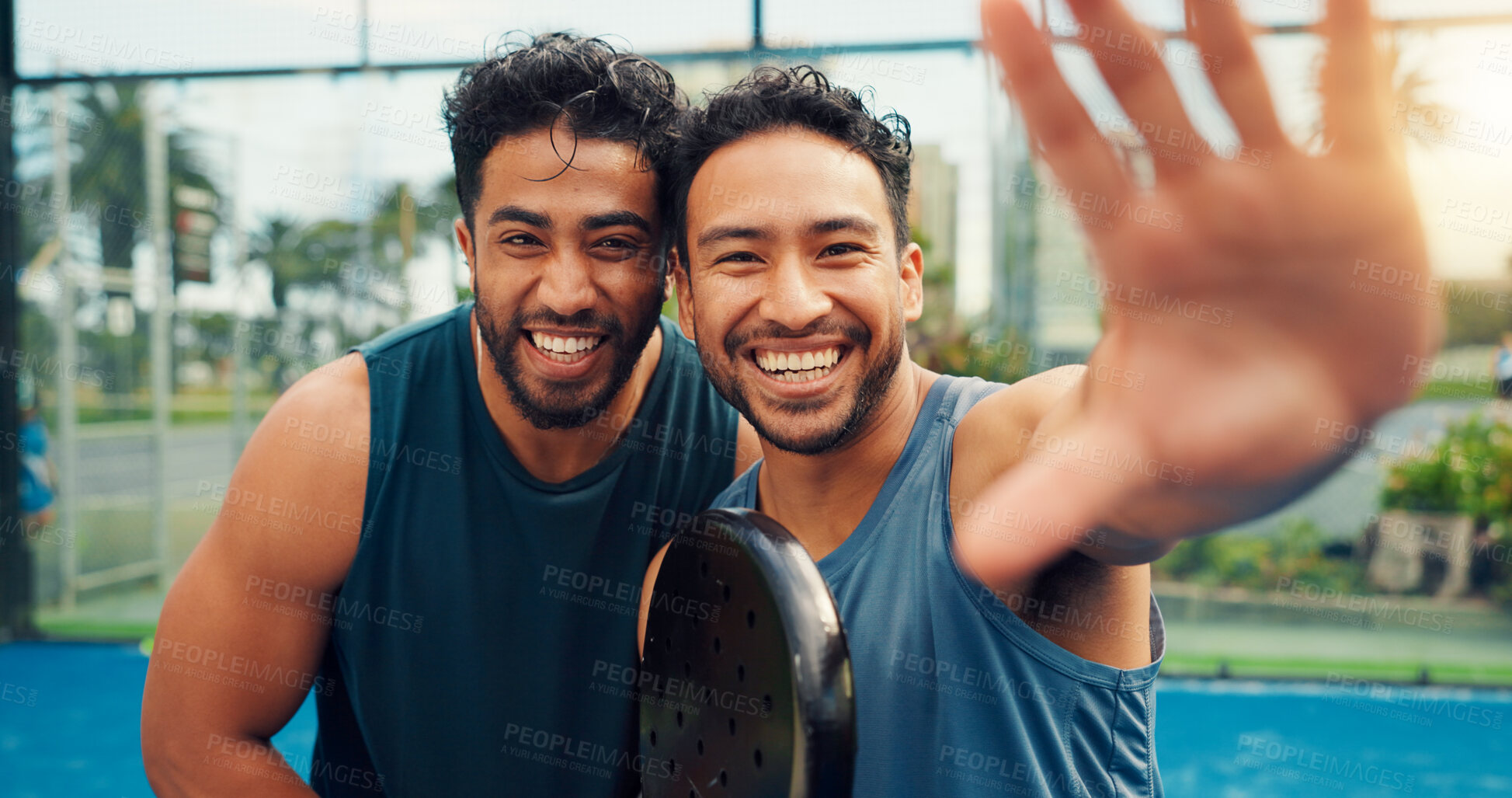 Buy stock photo Fitness, POV or men in tennis court with selfie, friends or digital memory of padel game. Smile, portrait or team outdoor with bat, training support or moment capture for social media update.