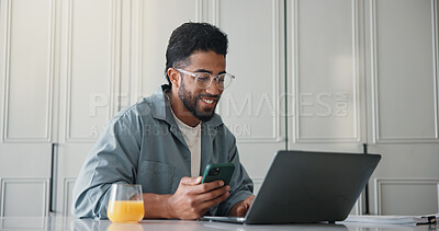 Buy stock photo Freelancer, smartphone and man with laptop, home or research for ebook marketing on social media app. Online, brand awareness and self publisher with tech for novel promotion, web and person in house