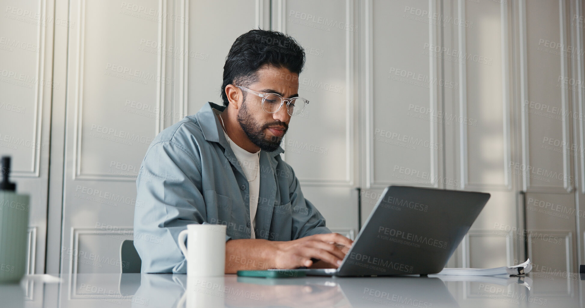Buy stock photo Freelancer, research and man with laptop, home or online for ebook marketing on social media or web. Typing, newsletter and self publisher with tech for campaign, brand awareness and novel promotion