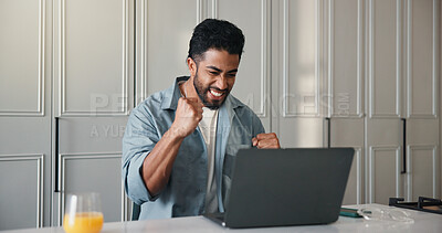 Buy stock photo Excited, man or celebration with laptop in kitchen for trading success, financial win and remote work. Freelancer, trader or victory fist with tech in home for price target notification or investment