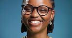 Smile, portrait or black woman with glasses in studio, vision or frame style for optometry advertising. Shape design, transparent lens or happy person with eyewear for sight, space or blue background