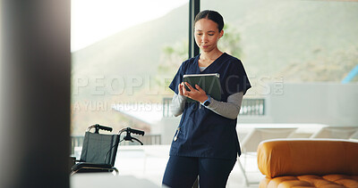 Buy stock photo Healthcare, research and tablet with nurse woman in home for medical or homecare assistance. App, medicare and wellness with caregiver in apartment for assisted living or telehealth support