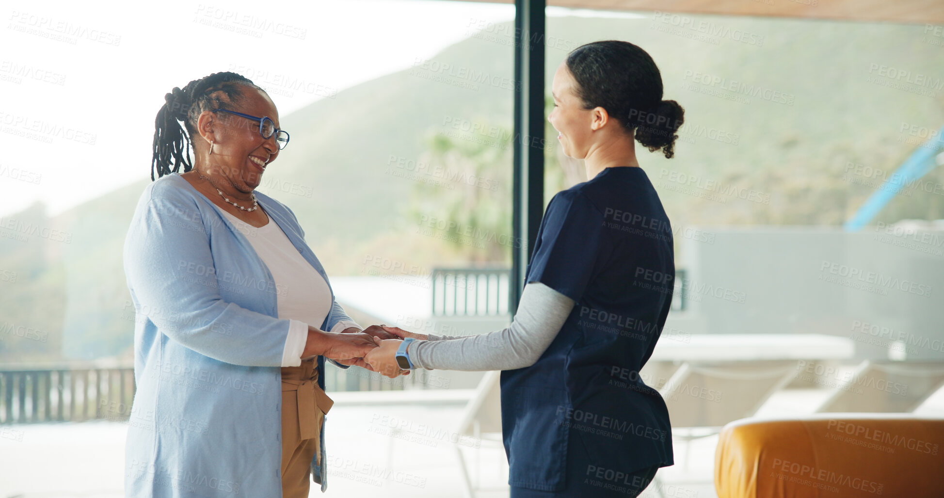 Buy stock photo Nurse, senior woman and holding hands for trust, wellness and thank you for kindness in home. Smile, elderly person and caregiver with support for homecare, assisted living and medical healthcare
