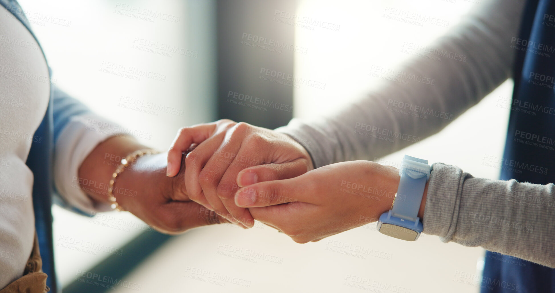 Buy stock photo Caregiver, senior woman and holding hands for empathy, wellness and comfort for kindness in home. Trust, elderly person and nurse together for homecare, support and medical healthcare in retirement
