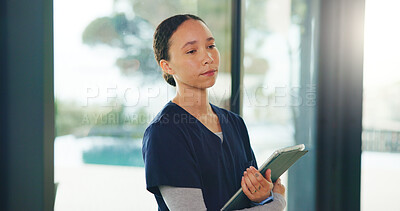 Buy stock photo Tablet, thinking and tired as nurse woman in home for healthcare or medical assistance. App, fatigue and medicare with exhausted caregiver in apartment for assisted living or homecare support