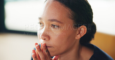 Buy stock photo Woman, nurse and thinking with doubt for medical news, regret or failure for health procedure. Closeup, female person or stress with anxiety for support, decision or recovery in rehabilitation center