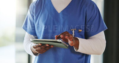 Buy stock photo Person, hands and nurse with tablet in hospital for email, research or telehealth report. Technology, scroll and medical worker with healthcare assessment, review results and wellness info in clinic