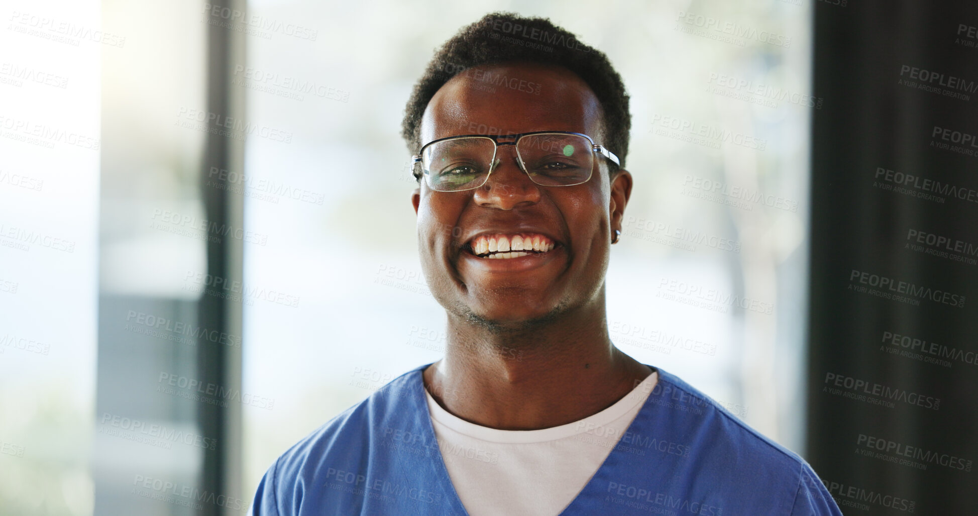 Buy stock photo Happy, black man and nurse with portrait at house with career pride, medical service and support. Smile, male caregiver and about us with healthcare assistance, employee ambition and assisted living