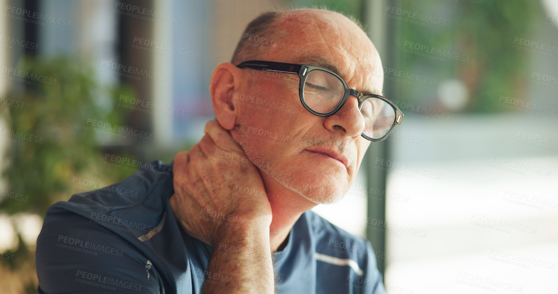 Buy stock photo Living room, neck pain and senior man with tension, massage or discomfort of injury from bad posture. Retirement, stiffness and joint issue with osteoarthritis, muscle strain and old person in house