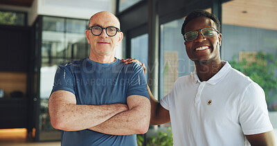 Buy stock photo Portrait, physical therapy and men with client, support or smile with confidence, wellness or recovery. People, physiotherapist or mature person with healing, chiropractor or rehabilitation treatment