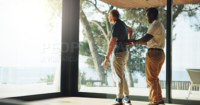 Buy stock photo Senior man, consulting and physiotherapy at house with assistance for back pain relief. Physiotherapist, helping and elderly person for physical recovery, medical support and rehabilitation procedure