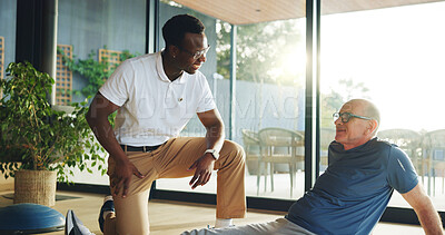 Buy stock photo Smile, consulting and advice with old man and physiotherapist for support, chiropractor and rehabilitation. Help, physical therapy and recovery with senior patient in clinic for healthcare and exam