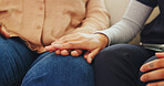 Holding hands, support and nurse with woman on sofa in home for healthcare checkup with bad news. Comfort, consultation and medical caregiver with female patient for connection with empathy in house.