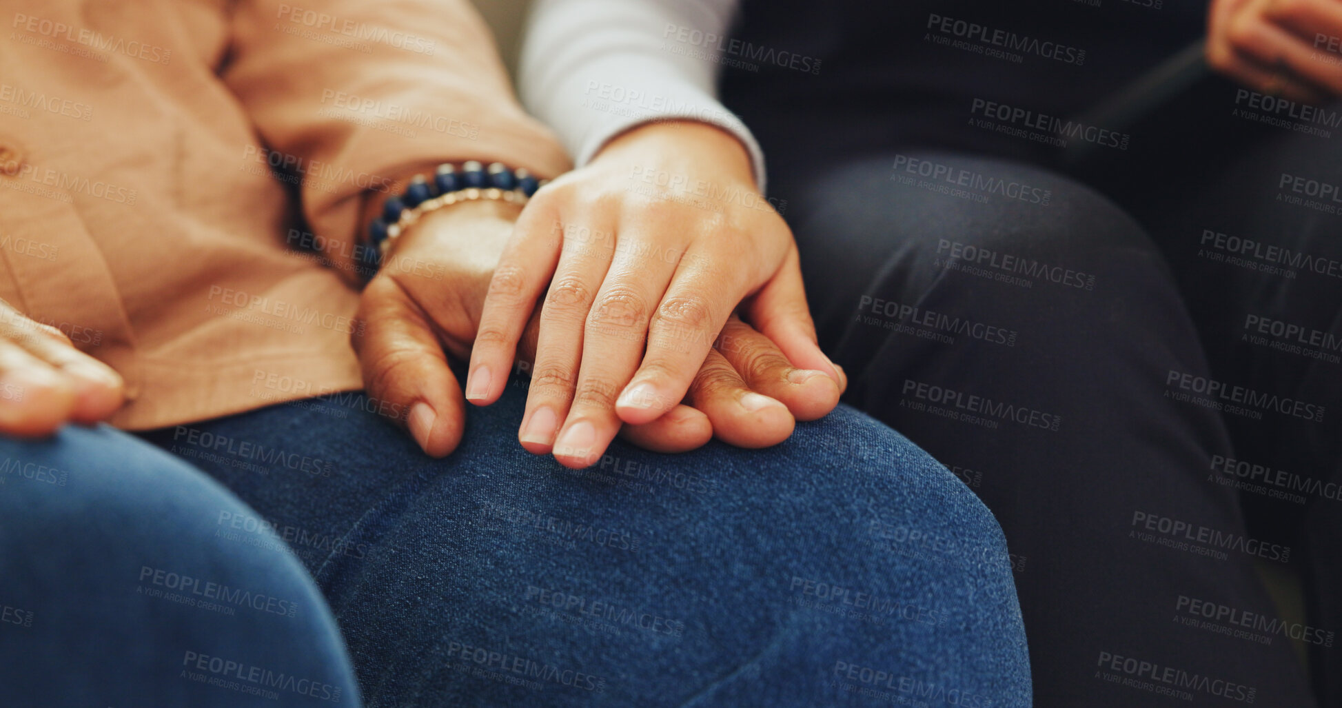 Buy stock photo Holding hands, comfort and nurse with person on sofa in home for healthcare checkup with bad news. Support, consultation and medical caregiver with patient for compassion with empathy in house.