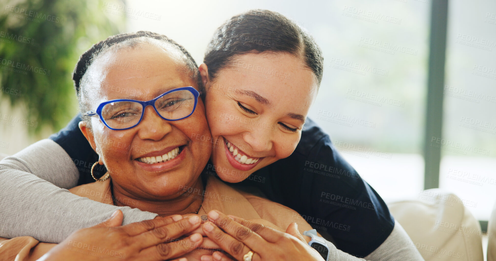 Buy stock photo Portrait, senior care or caregiver with hug for woman on couch, support or community in nursing home. Retirement, elderly person or nurse embrace for comfort, happiness or wellness in assisted living