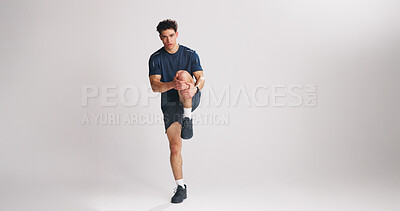 Buy stock photo Exercise, stretching and portrait of man on studio space for start of training or workout routine. Fitness, legs or warm up with athlete on white background mockup for challenge or sports performance