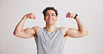 Portrait, man and flex bicep for fitness, strength and workout progress in studio. Smile, person and bodybuilder show muscle for growth, strong or confident with exercise results on white background